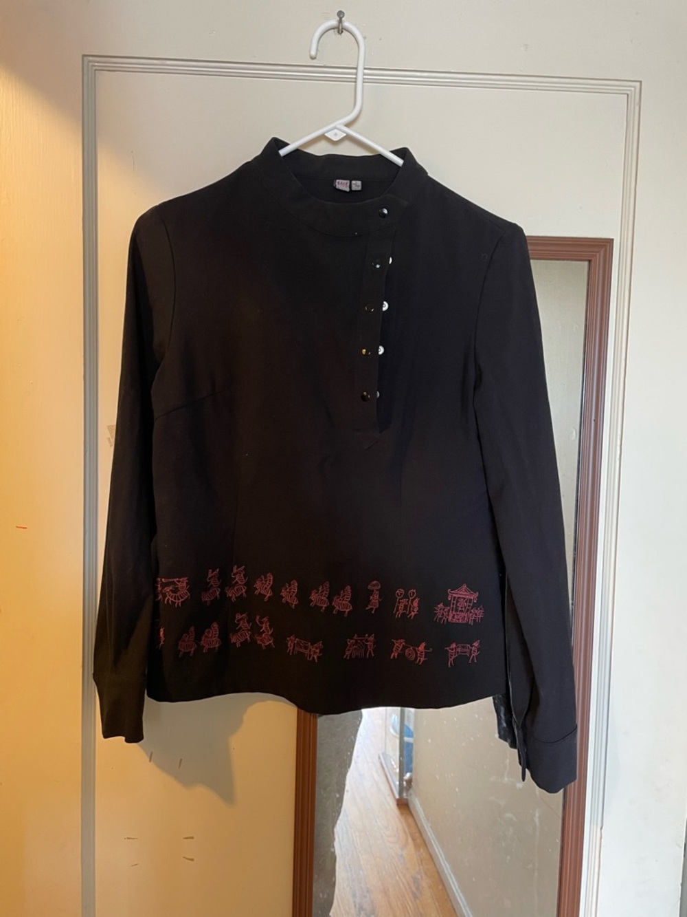 Black Embroidered Mandarin Collar Women's Top